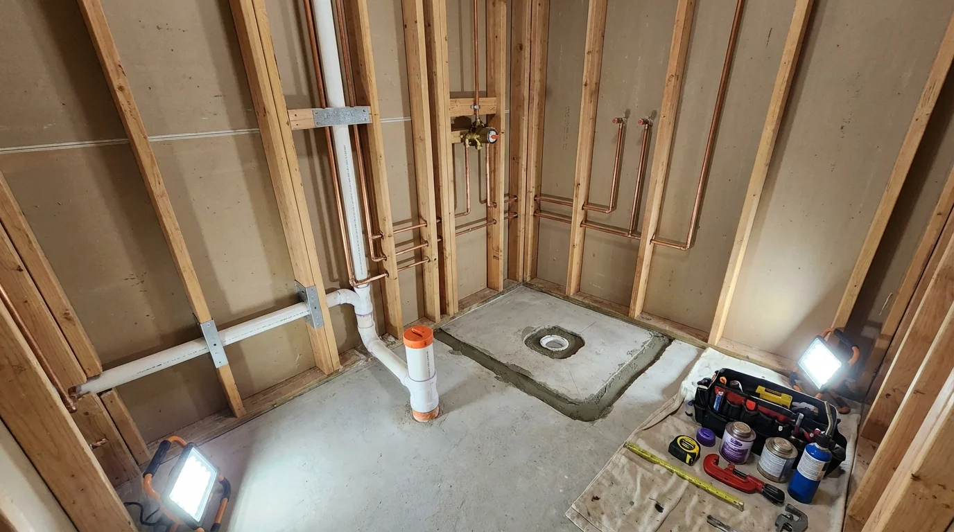 Bathroom rough-in plumbing during remodel by Johns Plumbing LLC in Brentwood