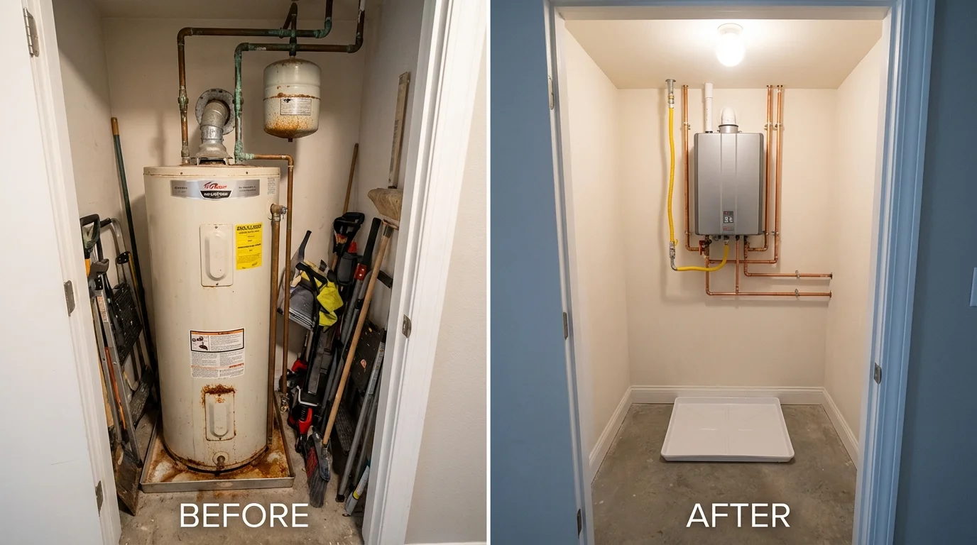 Tank water heater versus wall-mounted tankless unit comparison for Brentwood, MD homeowners