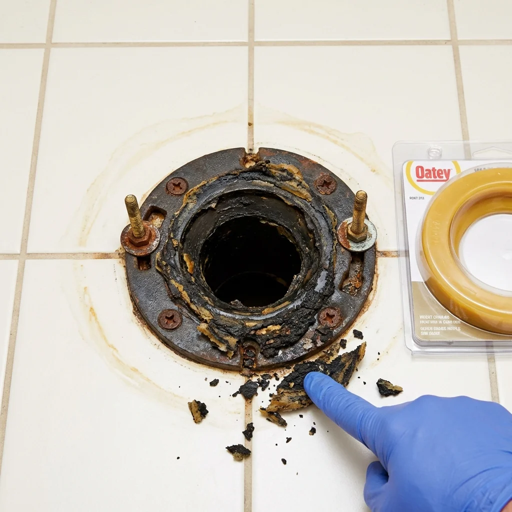 Failed wax ring showing water seepage at the base of a toilet in a Brentwood, MD home