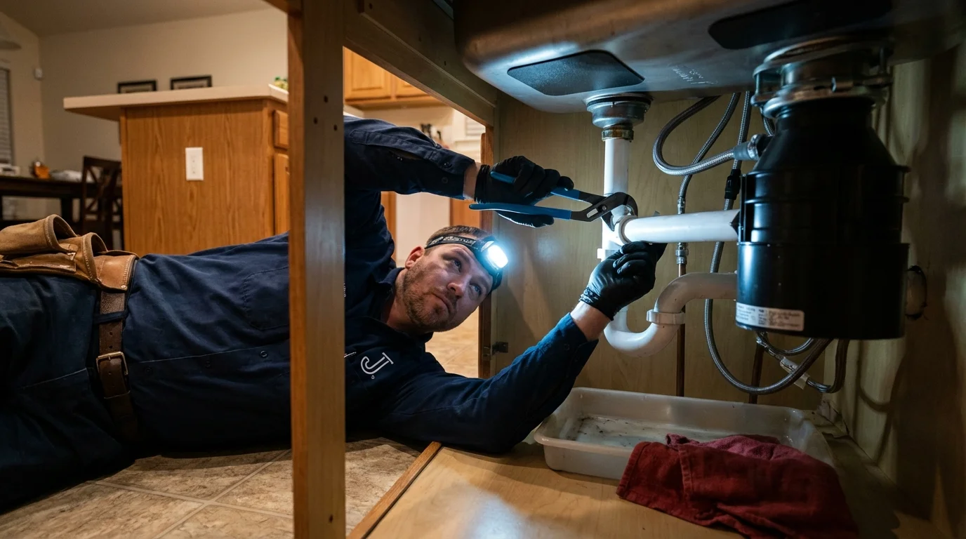 P-trap and supply line connections under a kitchen sink showing a common leak point in Brentwood, MD